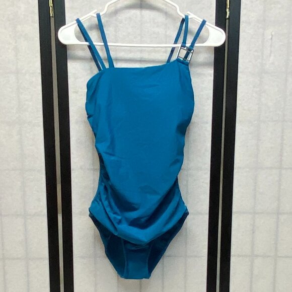 Aqua Green Double Strap High Asymmetrical Neck One Piece Swimsuit Teal NWT - Picture 1 of 12